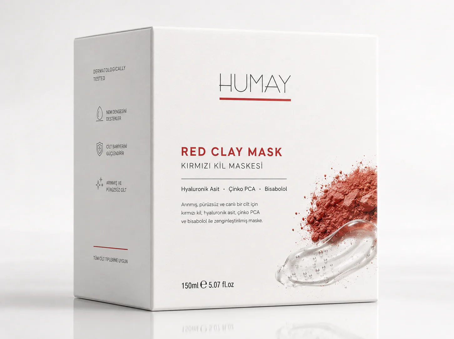 HUMAY Red Clay Mask carton: white faces with red clay powder and a gel swatch