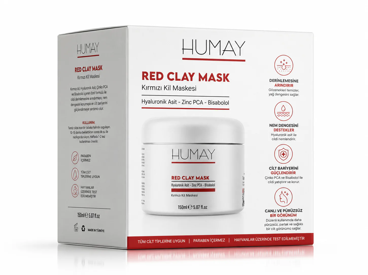HUMAY Red Clay Mask carton with four benefit icons and a red band