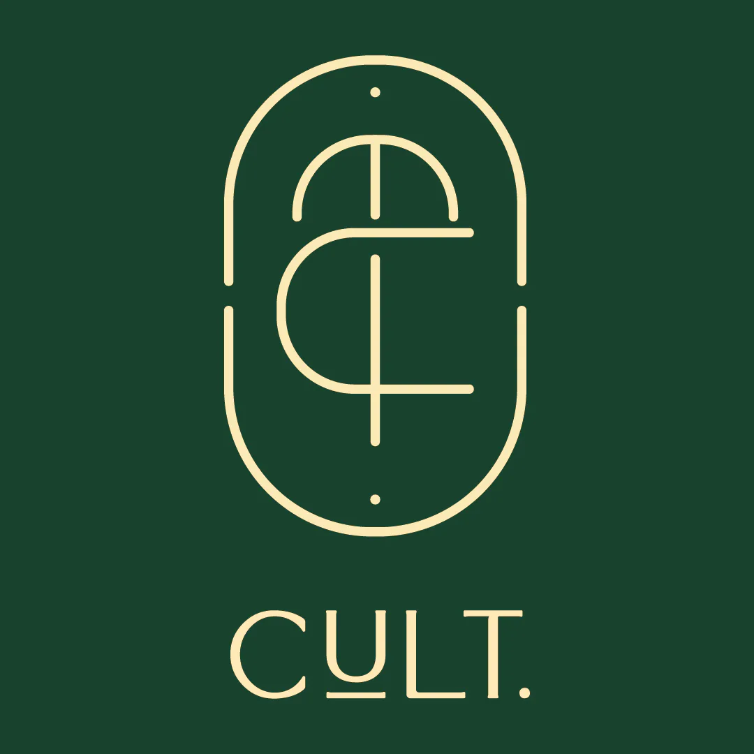The CULT monogram and wordmark, cream on dark green