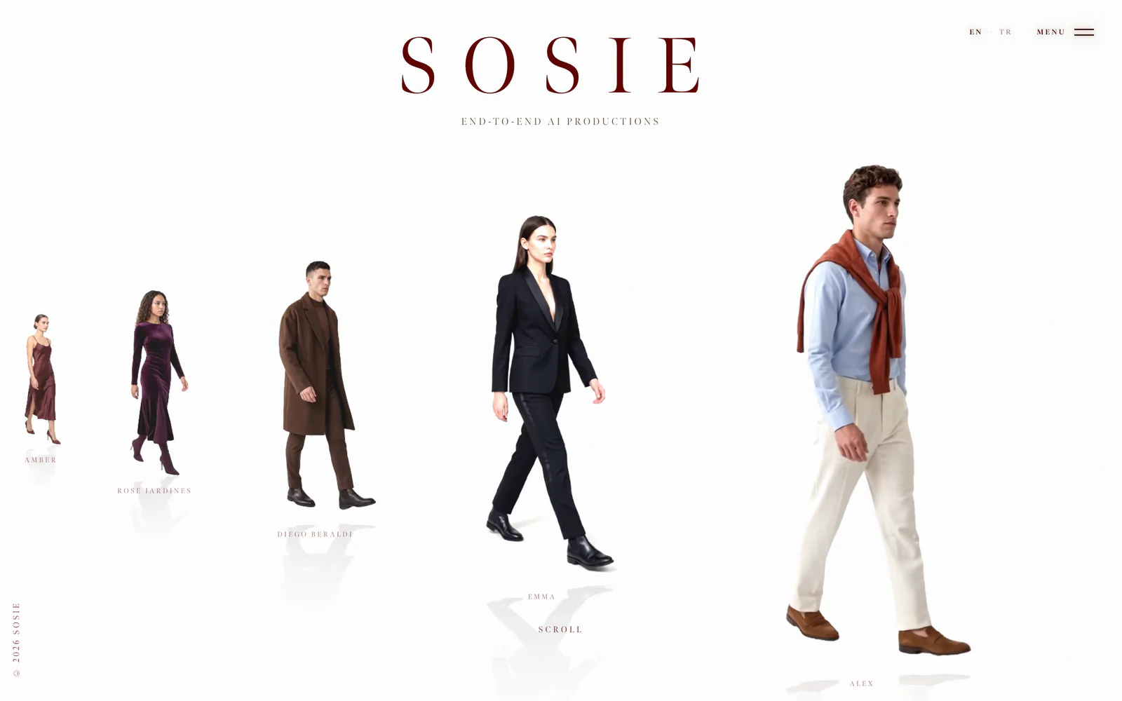 SOSIE website home: a line of walking models on white beneath the SOSIE wordmark